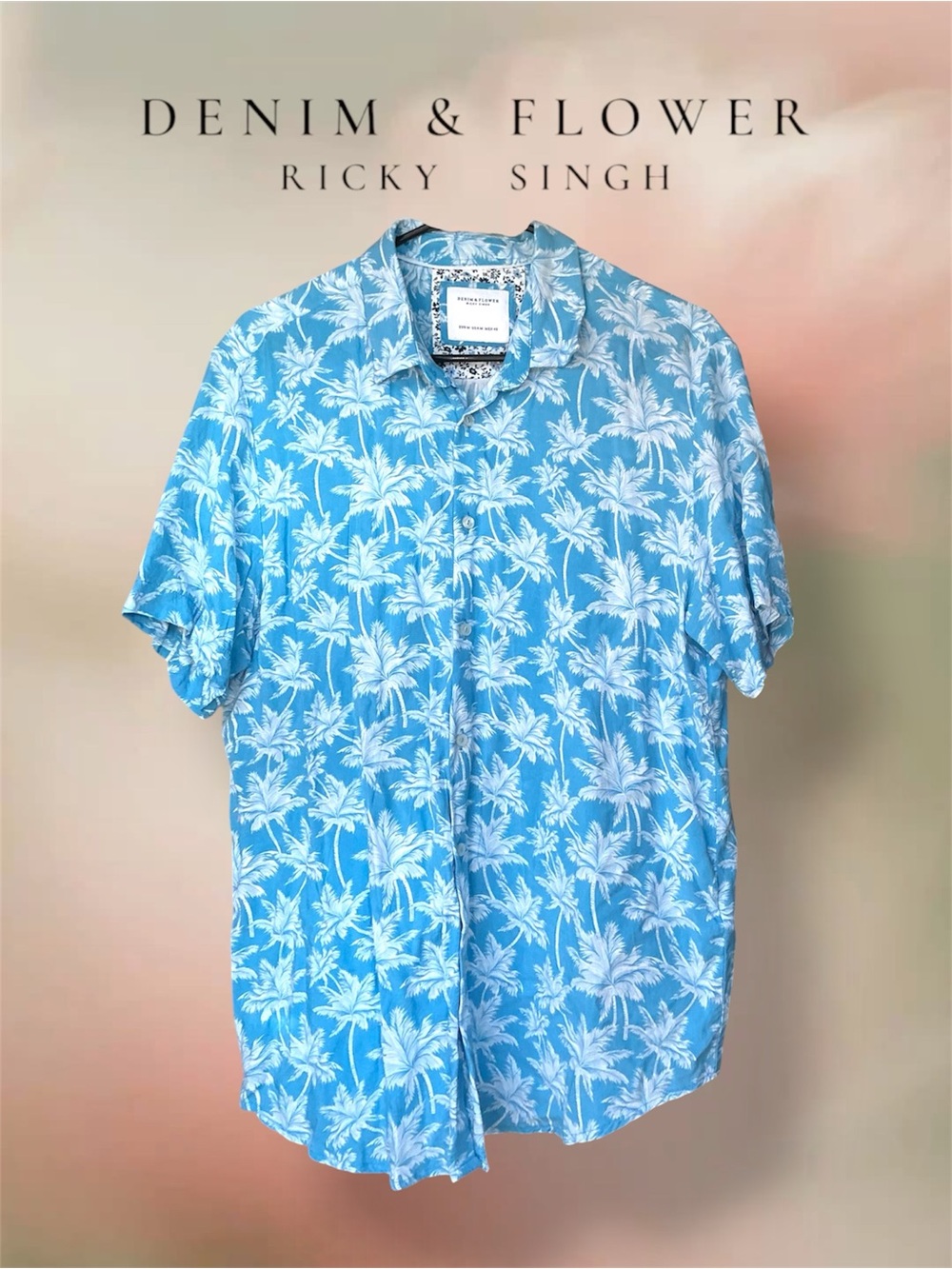 Denim & Flower by Ricky Singh Men’s Tropical Blue Palm Button-Up Hawaiian M